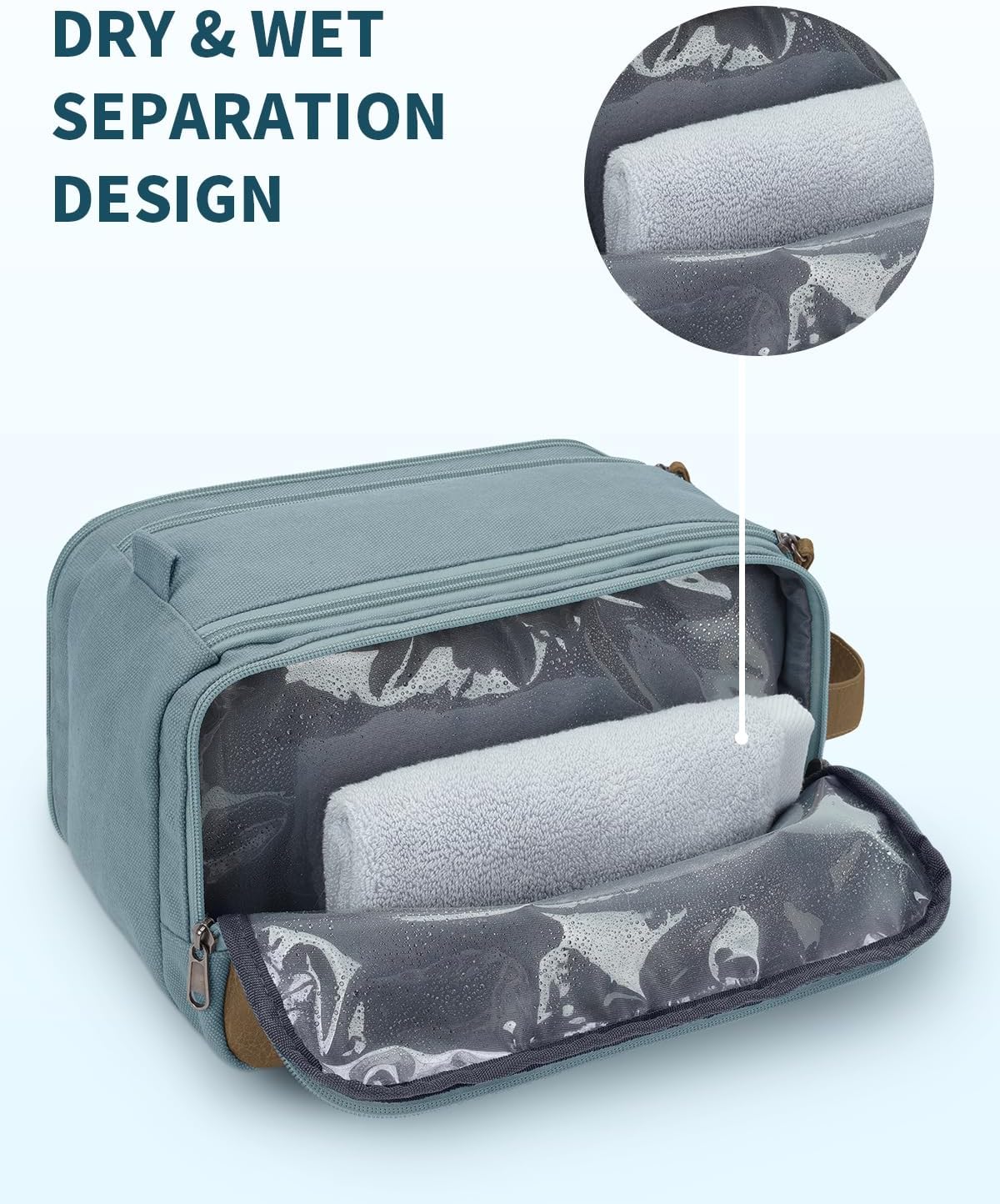 WANDF Toiletry Bag for Men Travel Toiletry Organizer Canvas and Leather Dopp Kit Water-Resistant Shaving Bag for Travel Accessories (Pale Blue, Large) - Roamly