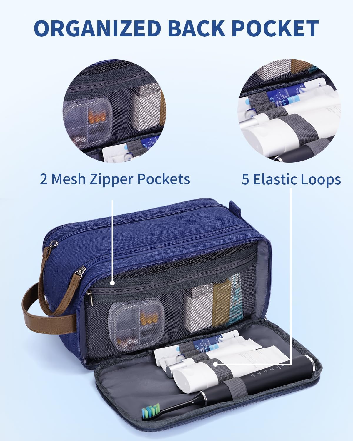 WANDF Toiletry Bag for Men Travel Toiletry Organizer Canvas and Leather Dopp Kit Water-Resistant Shaving Bag for Travel Accessories (Blue, Large) - Roamly