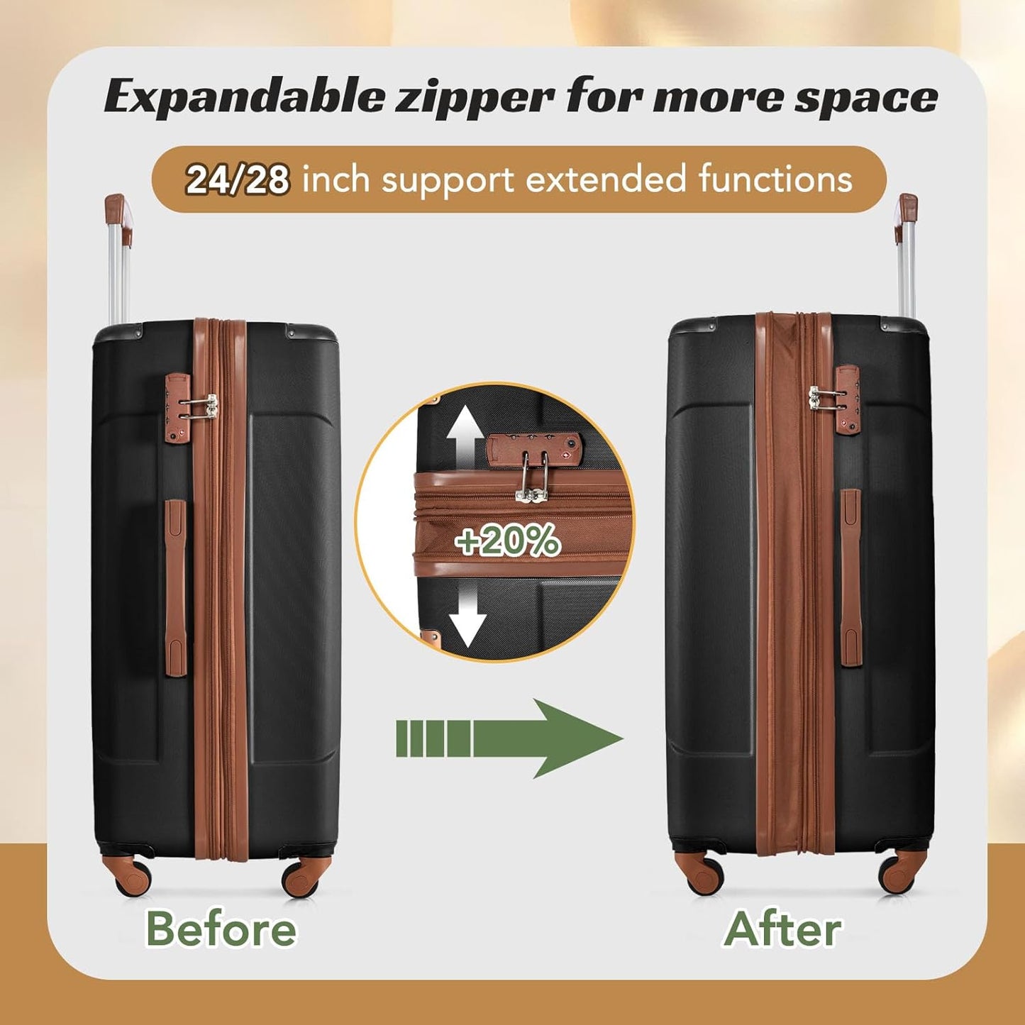 Merax Luggage Set 6 Piece Expandable Lightweight ABS Hardshell Suitcases with Wheels, Corner Guards (Black Brown, 6 piece set)