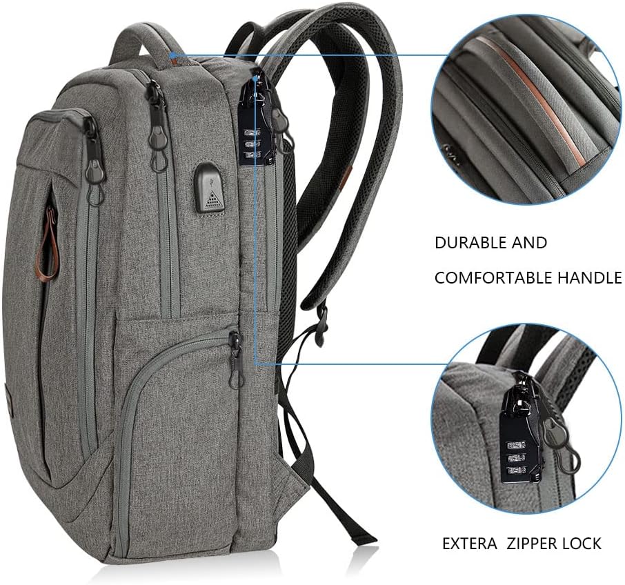 KROSER Laptop Backpack Large Computer Backpack Fits up to 17.3 Inch Laptop with USB Charging Port Water-Repellent Casual Daypack for Travel/Business/College/Women/Men-Grey - Roamly