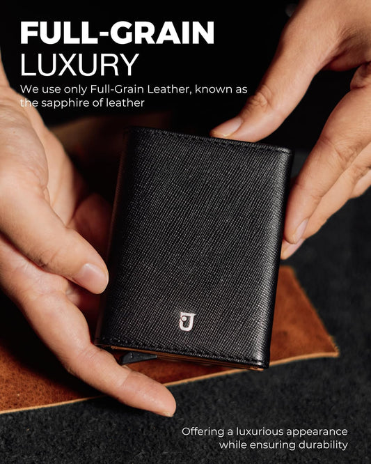Jenoss Smart AirTag Wallet for Men: Full Grain Leather, Handcrafted, Black Pop Up Case, Slim, RFID Blocking Credit Card Holder Compact, 12 Slot Organizers ID Cash Apple Air Tag Tracker (Black & Brown)