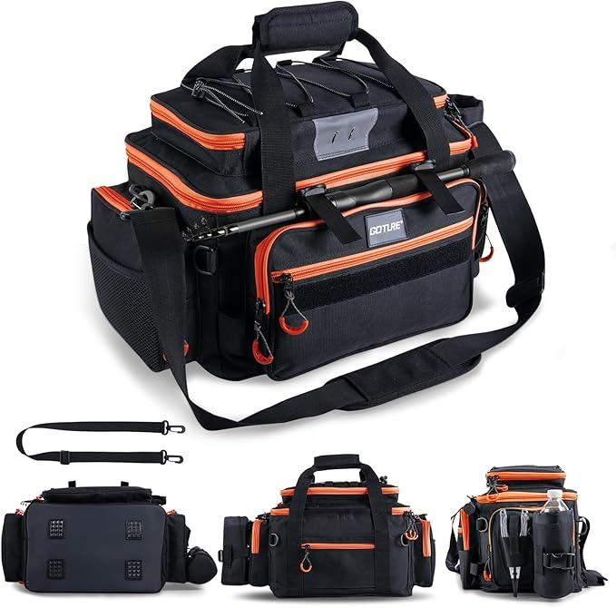 Goture Fishing Tackle Bag, Store Up to 4PCS 3700 Plus 2PCS 3600 Tackle Trays(Not Included), 600D Soft Side Gear Fishing Bag with Rod Straps,Detachable Water Bottle Pouch,Waterproof Bottom,SBS Zippers