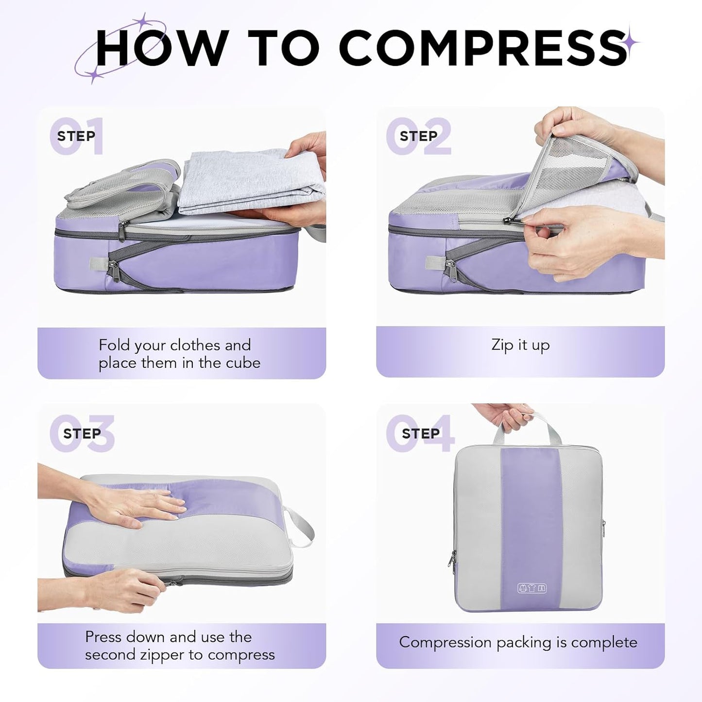 10 Set Compression Packing Cubes for Travel Essentials,Compressible Expandable Packing Cubes for Suitcase,OlarHike Luggage Organizer Bags for Travel,Handy Helper for Organizing Clothes(Purple Gray) - Roamly