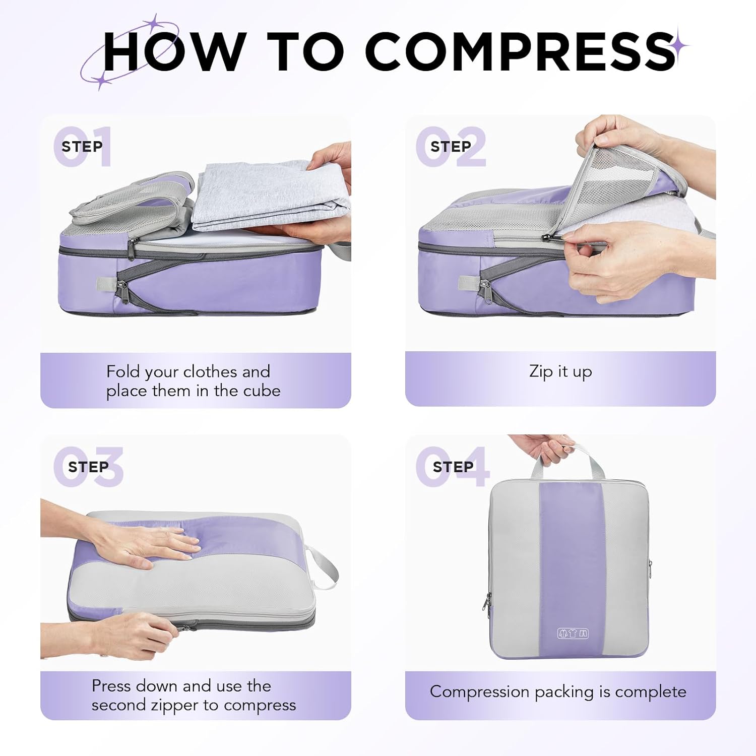 10 Set Compression Packing Cubes for Travel Essentials,Compressible Expandable Packing Cubes for Suitcase,OlarHike Luggage Organizer Bags for Travel,Handy Helper for Organizing Clothes(Purple Gray) - Roamly