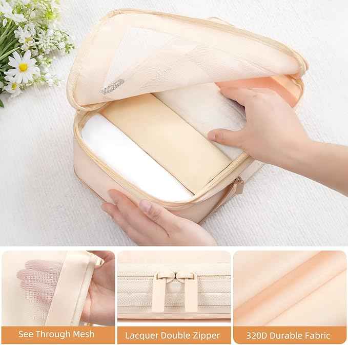 BAGAIL 4 Set/6 Set/8 Set Compression Packing Cubes Travel Accessories Expandable Packing Organizers (Square Mesh, 05-Cream)