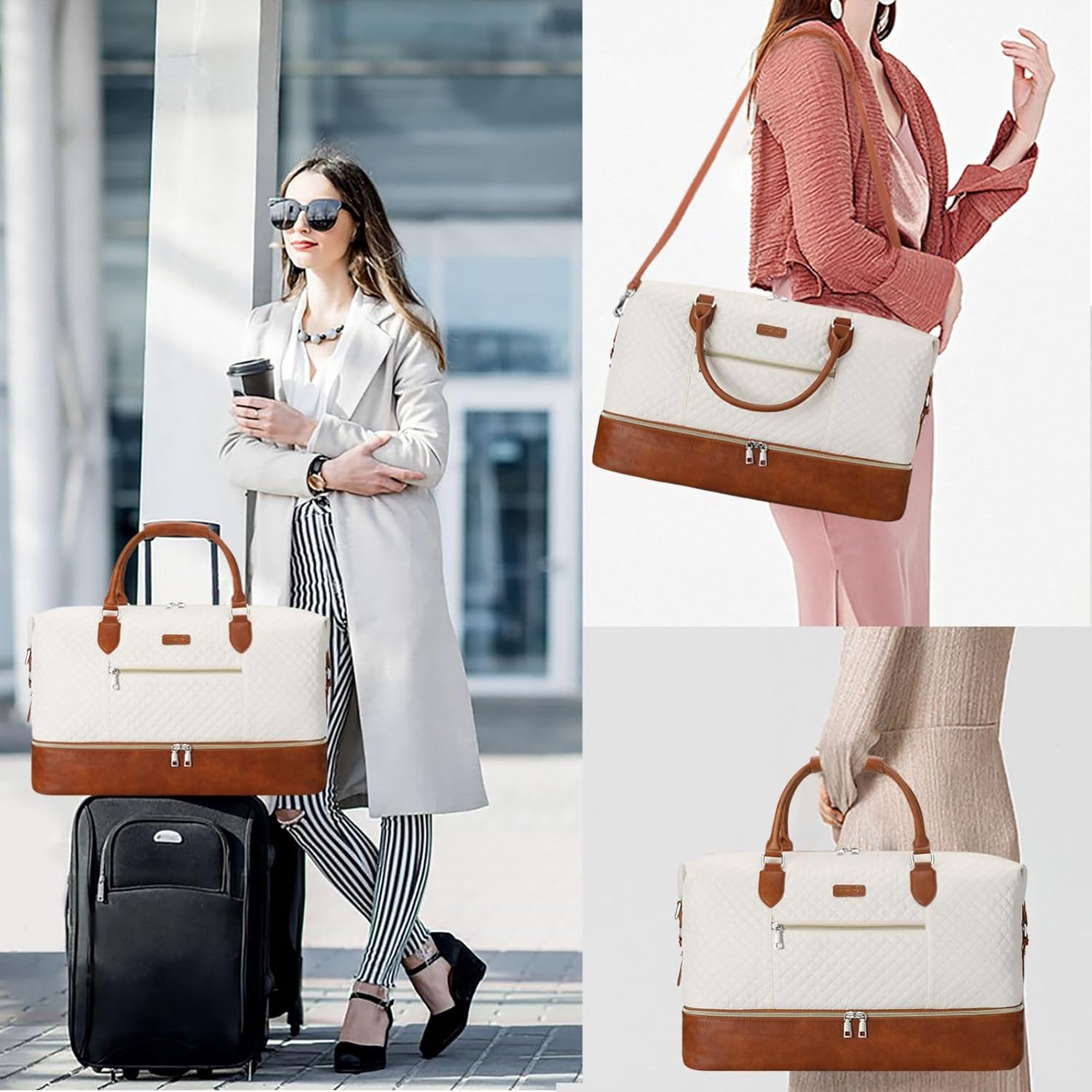 Weekender Bag for Women, Travel Duffel Bag Carry On Overnight Bag with Shoe Compartment Large Nylon Travel Weekend Tote Bag - Roamly