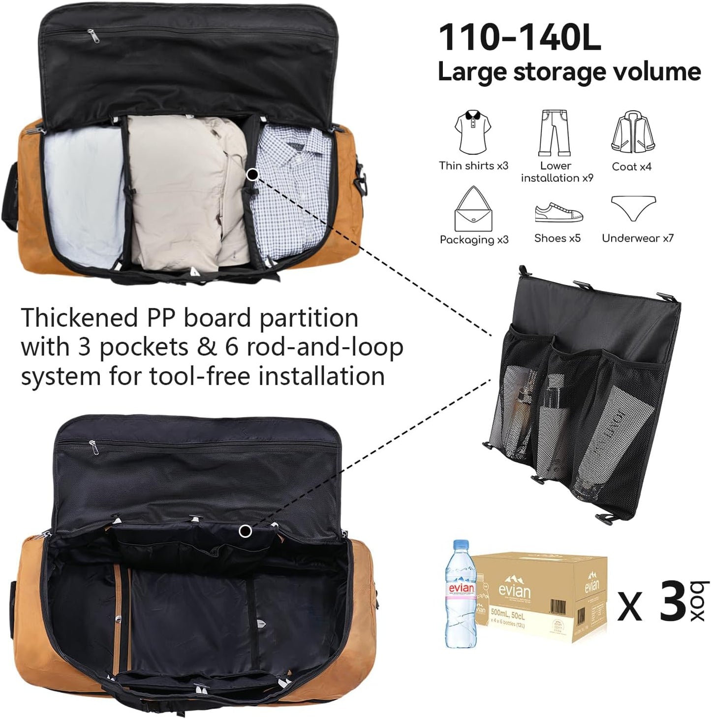 Vomgomfom Wheeled Collapsible Duffel Bag,110L-140L Expandable Checked Luggage, No-Telescopic-Handle with Anti-Burst Zipper & Reinforced Frame,Brown - Roamly