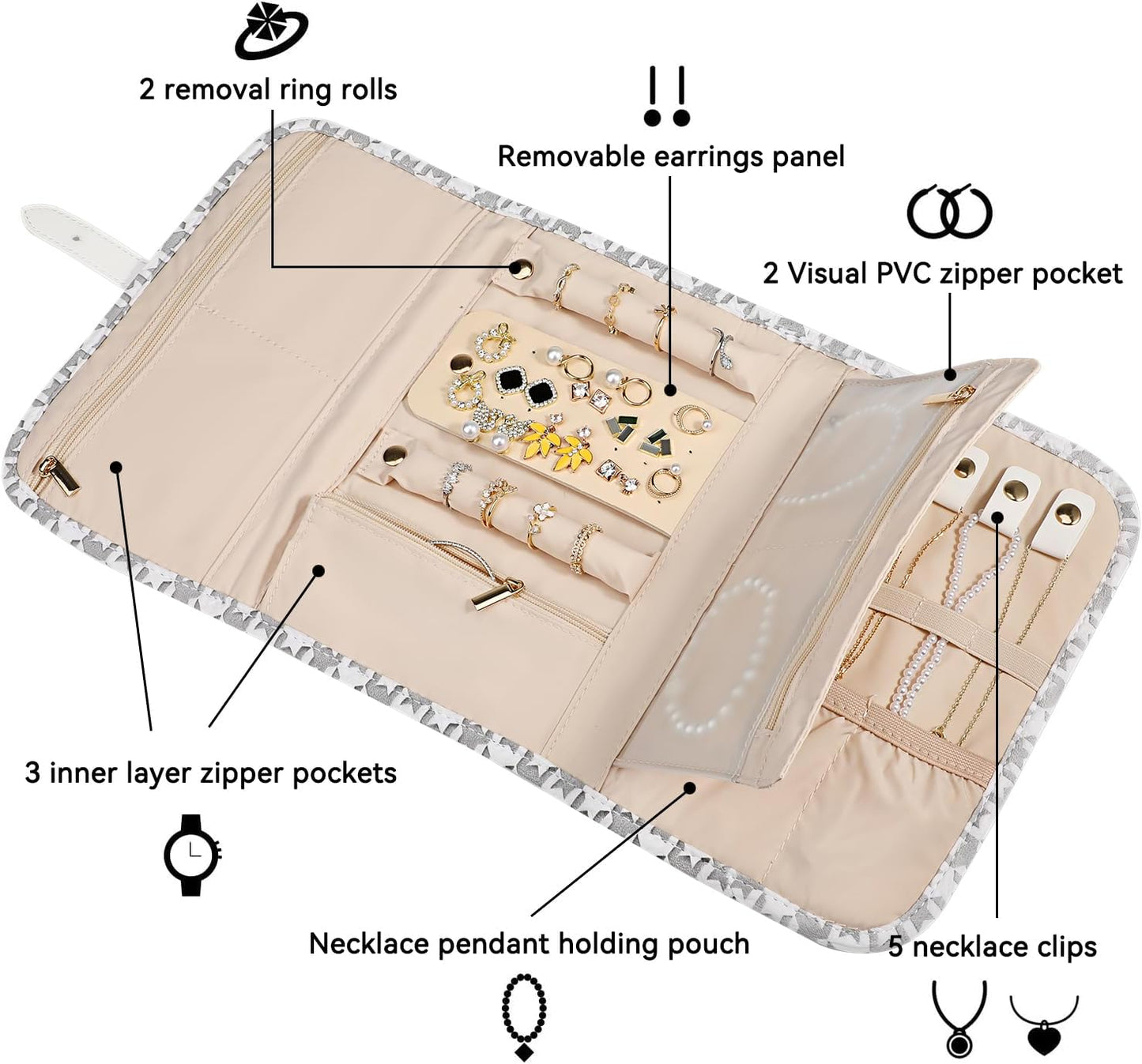 Voova Travel Jewelry Holder Organizer Case, Large Jewelry Storage Bag for Women Girls, Foldable Traveling Jewellery Pouch Roll for Necklaces Rings Earrings Bracelets, Grey+White