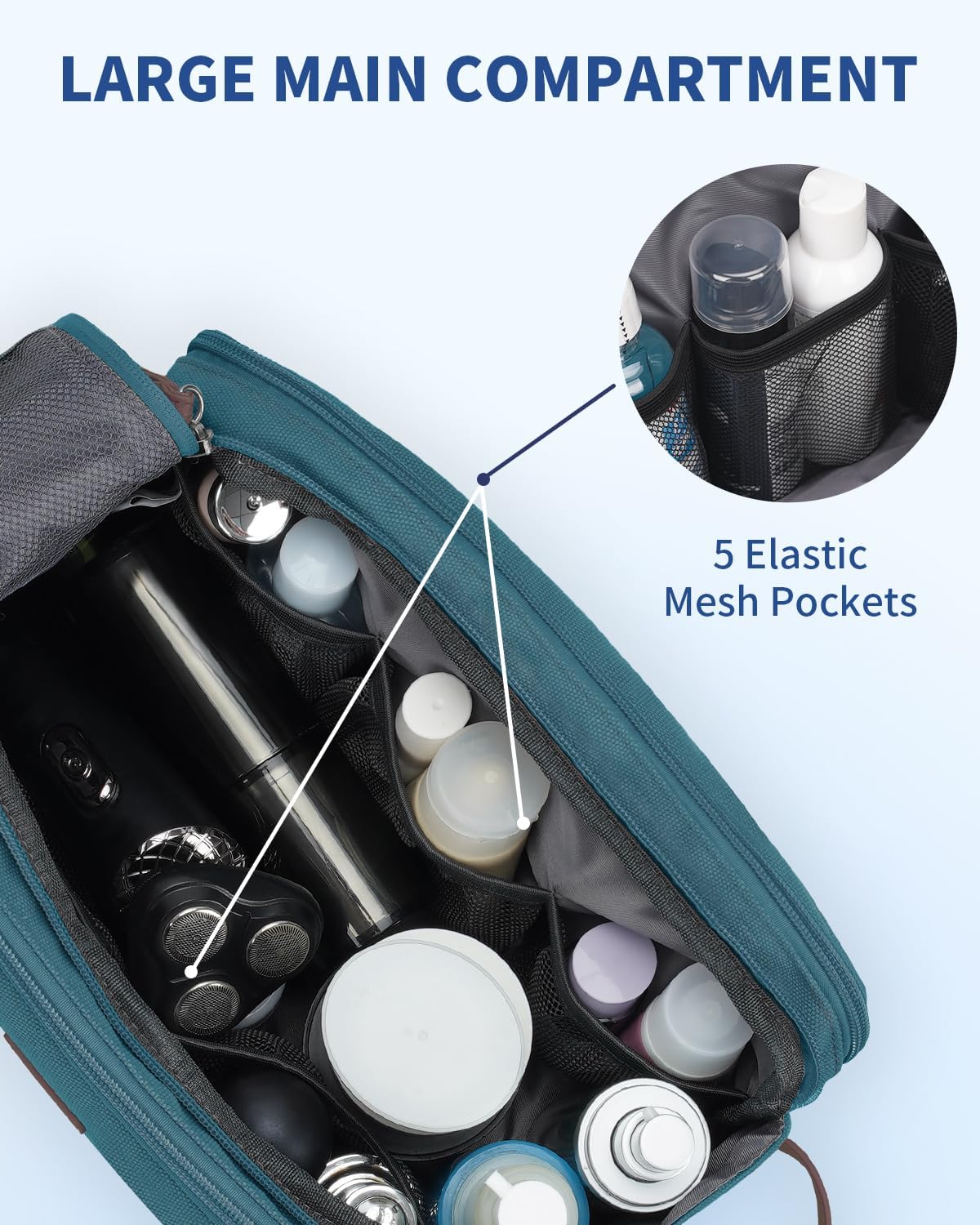 WANDF Toiletry Bag for Men Travel Toiletry Organizer Canvas and Leather Dopp Kit Water-Resistant Shaving Bag for Travel Accessories (Blue-Green, Large) - Roamly