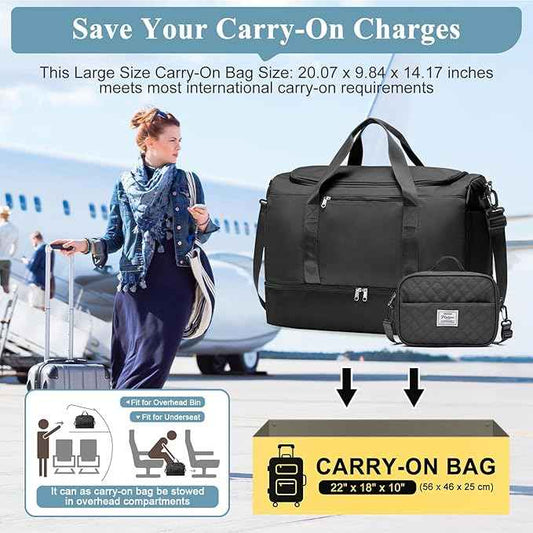 Large Travel Duffle Bag,Carry on Overnight Bag with Shoes Compartment,Weekender Bags for Women for Travel Business Trips Sport Hospital,3 Pcs Set,Black