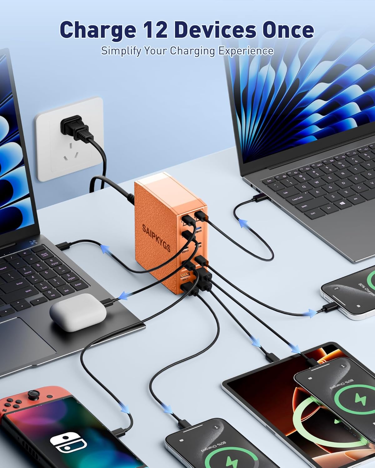 USB Charging Station (600W),12-Port USB C Charger Block with Dual 100W PD USB-C Fast Charging Station Hub for MacBook Pro/Air/All iPad Phone 17/16 15/14/13/Pro Max/Samsung Galaxy Note(Orange) - Roamly