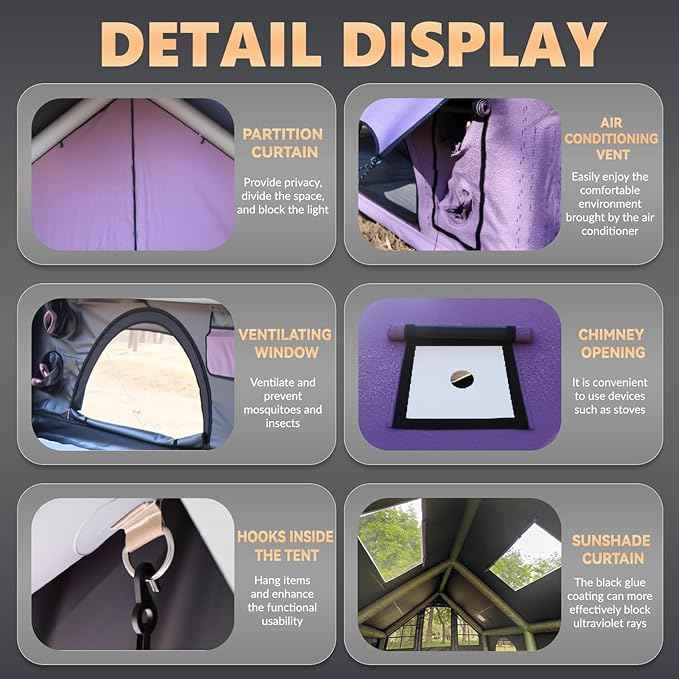 Inflatable Camping Tents 8-10 Person,129 Square Feets Large Inflatable Camping Tent with Stove Jack,Blow up Tent with Mesh Windows & Pump