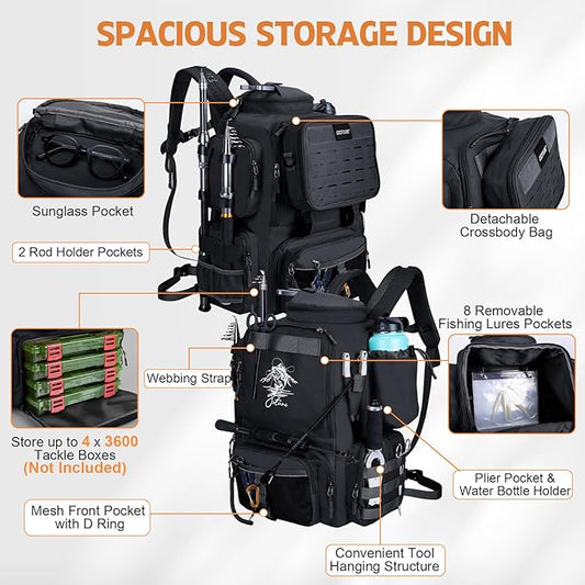 Goture Fishing Backpack, 900D Water-Resistant Tackle Backpack with Rod Holders, 58L Large Storage Gear Fishing Tackle Bag with Detachable Crossbody Bag,8 Lure Pockets,Bottle Holder for Camping Hiking