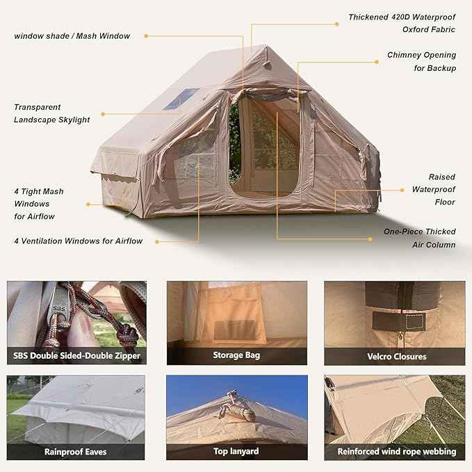 Inflatable Camping Tents 8-10 Person,129 Square Feets Large Inflatable Camping Tent with Stove Jack,Blow up Tent with Mesh Windows & Pump