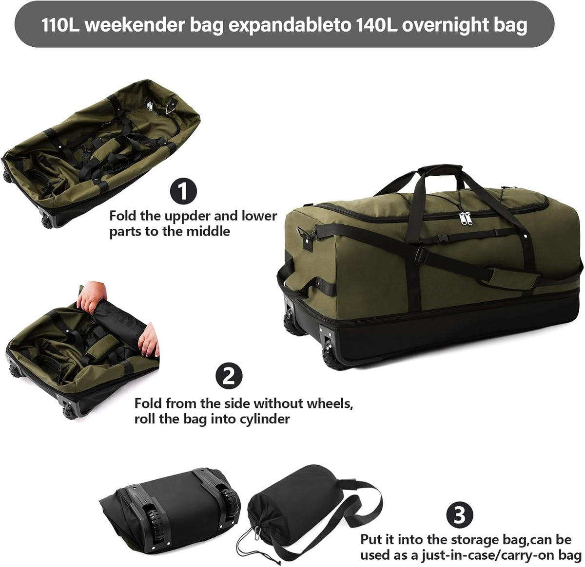 Rolling Duffle Bag with Wheels,110L/140L Expandable Soft-Sided Foldable Duffle Bag with 2 Rubber Wheels,Packable 32” Rolling Carry-On with Multi-Pockets & Compartments (Green) - Roamly