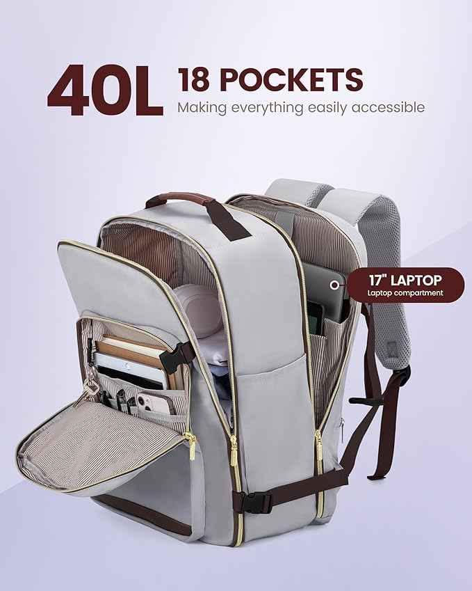 LOVEVOOK Travel Backpack for Women & Men 40L,Airline Approved Carry On Backpack Travel Essential,TSA Carry on Luggage,Personal Item Travel Bag,Suitcase with 3 Packing Cube,Light grey-Dark coffee color