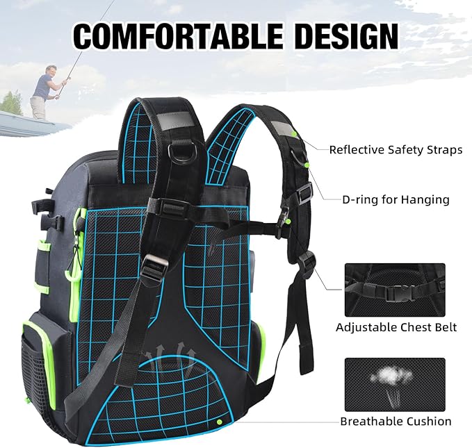 AUMTISC Fishing Tackle Backpack, Fishing Backpacks with 2 Rod Holders, Waterproof Bag Backpack with 4 Tackle Boxes, Rain Cover & Small Insulated Bag, Large Fishing Backpacks for Fish Gear & Equipment