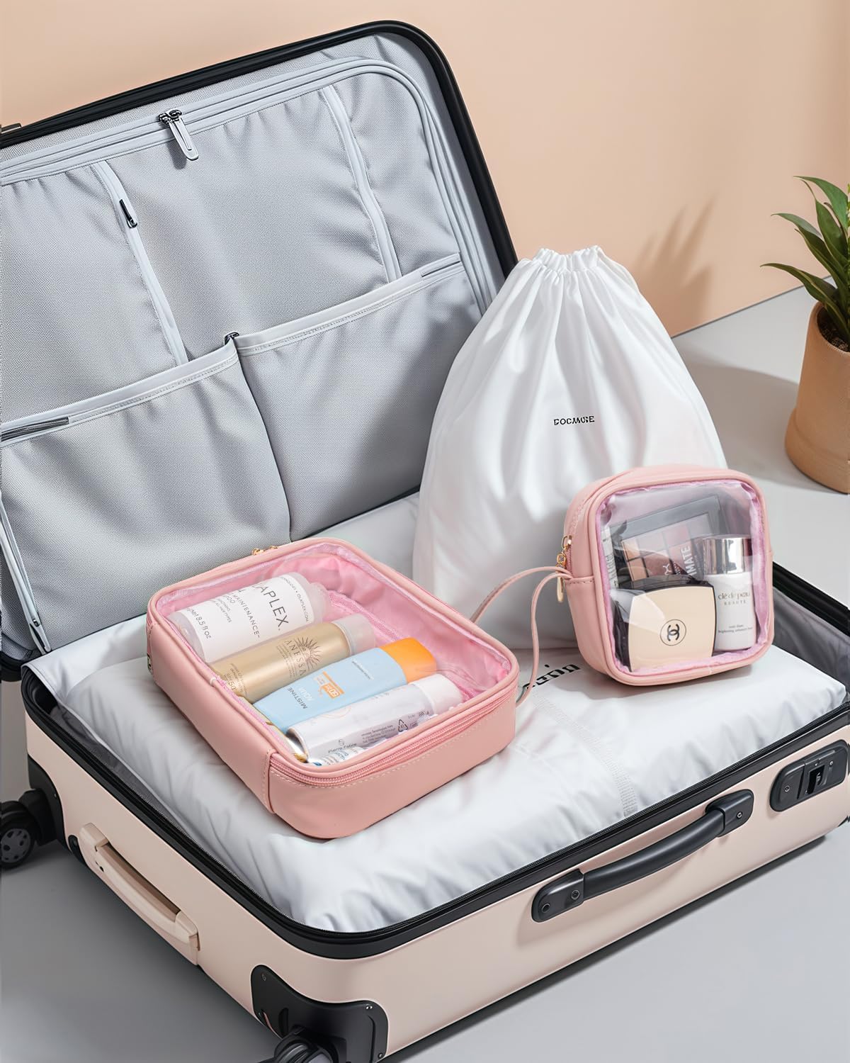 KOTORA TSA Approved Toiletry Bag with Mini Clear Makeup Bag Travel Size Beach Pool Bag Car Accessories for Women Her (B-Clear Pink)