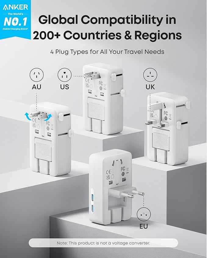 Anker Nano Travel Adapter, 5-Port Power Adapter with 1× 2-Pin AC, 2 USB A, 2 USB C for 20W, Smart Temperature Control, Works in 200+ Countries, Not a Voltage Converter, Travel Essentials (1-Pack)