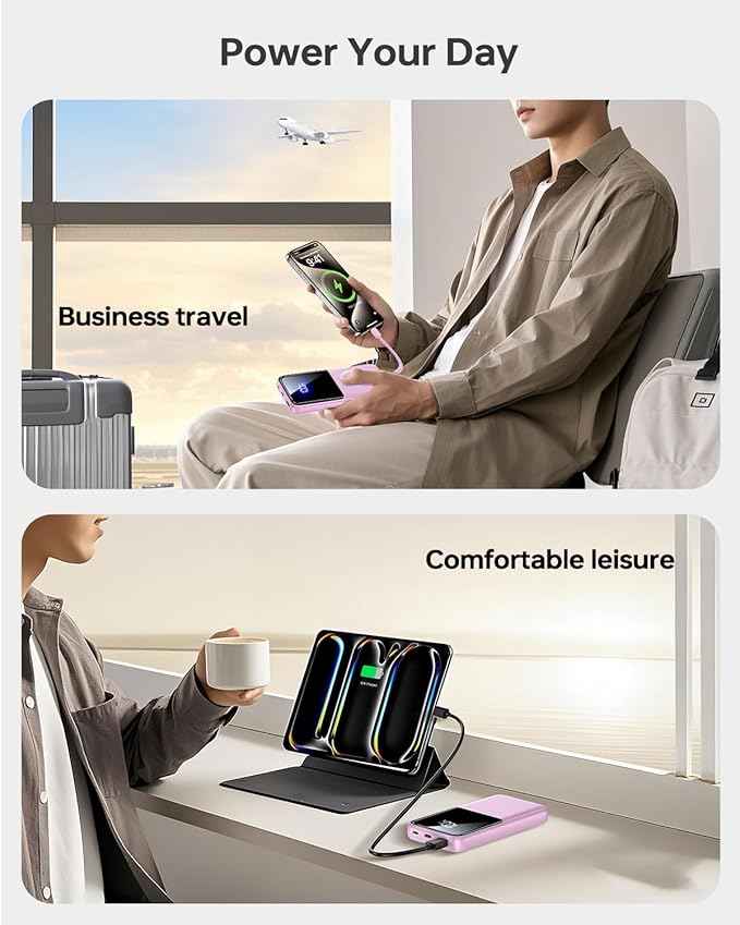 Portable Charger Power Bank - 15,000mAh Battery Pack Portable Phone Charger with Built in Cable 22.5W Fast Charging Powerbank Compatible with iPhone Android Samsung Phone, Lavender