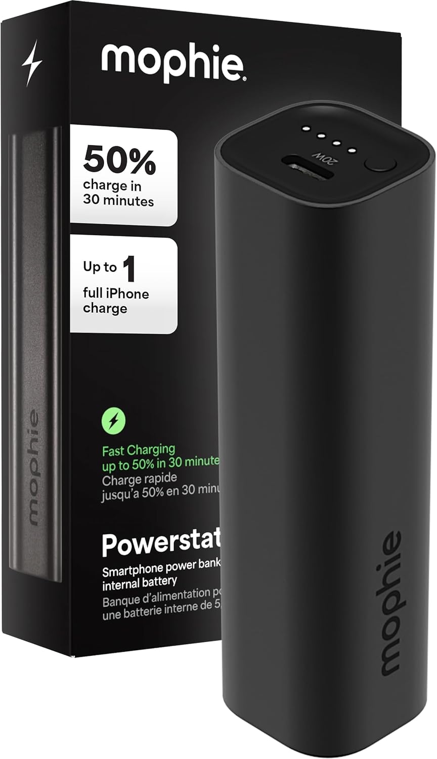 Mophie Powerstation Mini 5,000mAh Portable Power Bank (Gen 3) – Ultra-Fast USB-C PD, 20W Output, Up to One Full Phone Charge, Pocket-Sized, LED Indicator, Includes USB-C Cable, Black - Roamly