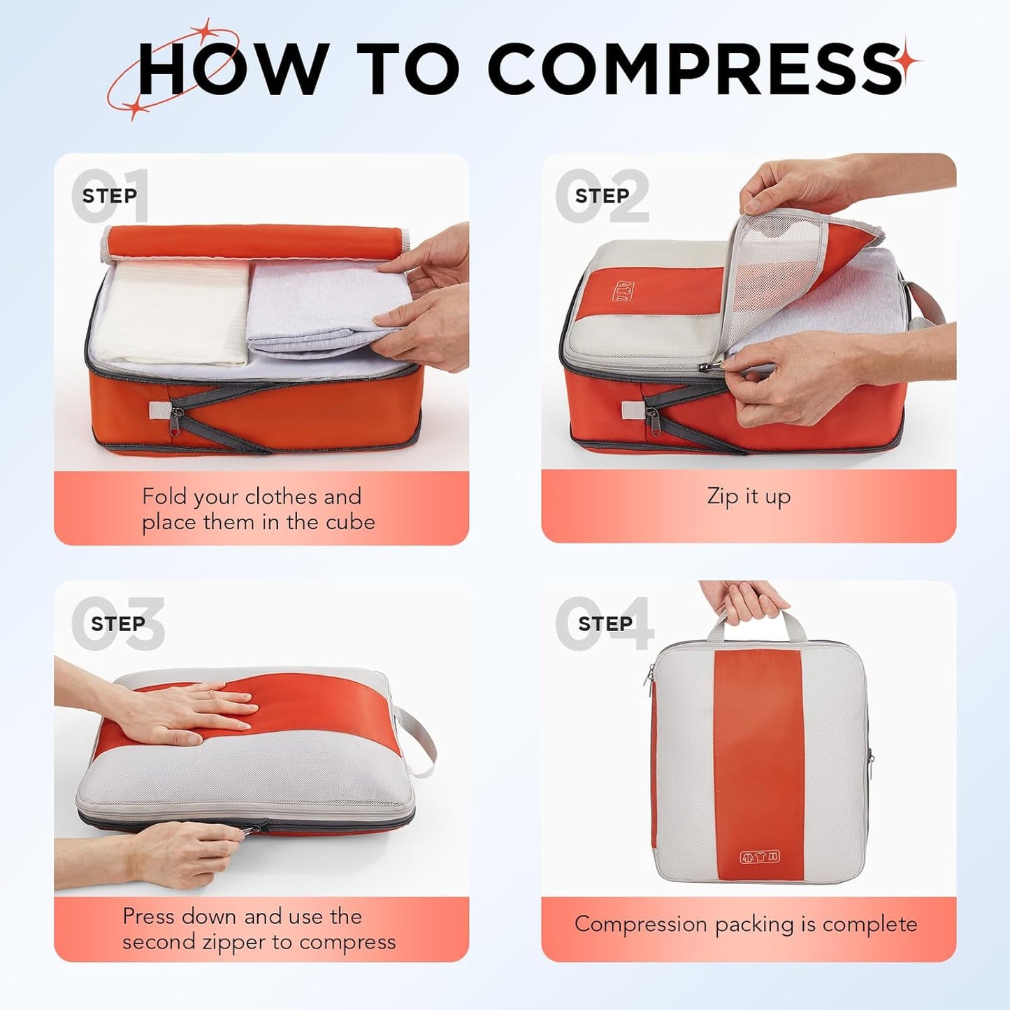 10 Set Compression Packing Cubes for Travel Essentials,Compressible Expandable Packing Cubes for Suitcase,OlarHike Luggage Organizer Bags for Travel,Handy Helper for Organizing Clothes(Orange) - Roamly