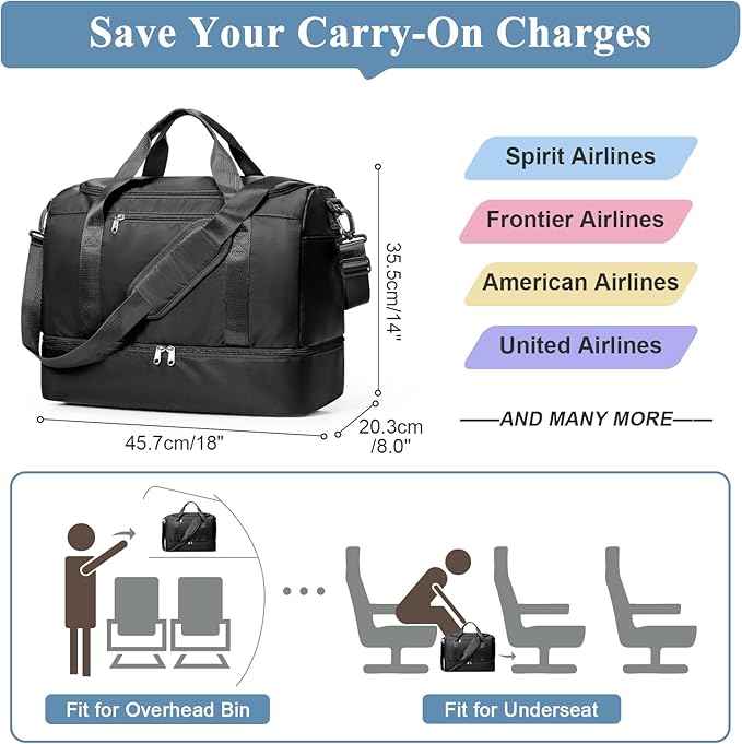 Travel Duffel Bag for Women, Carry-on Overnight Weekender Bags with Wet Pocket & Toiletry Bag, For Spirit Airlines 18x14x8 Personal Item Bag,Small,Black