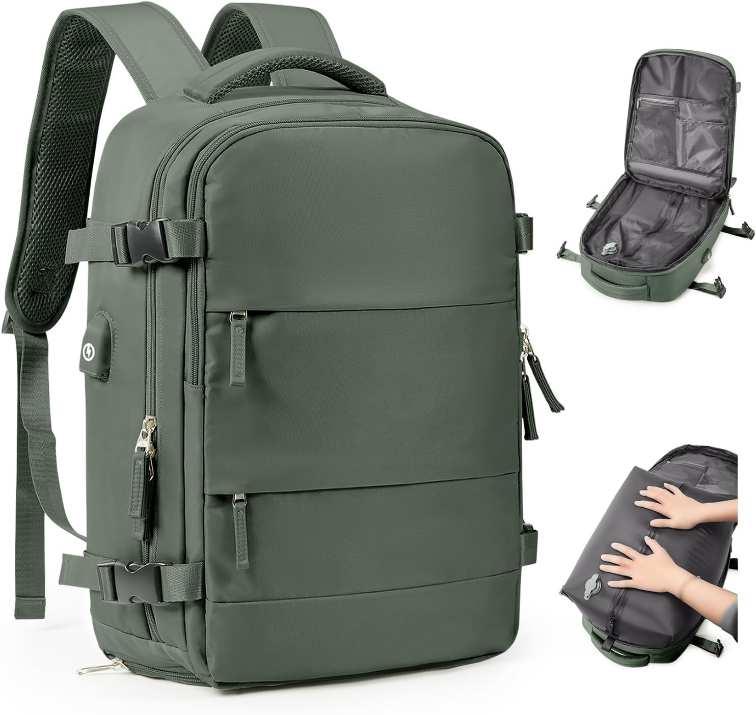 Vacuum Backpack Travel Laptop Backpacks For Women Men Carry On Backpack With Vacuum Compression Bags Seal Packing Personal Item Travel Bag Vacpack Backpacks Without Pump Olive Green - Roamly