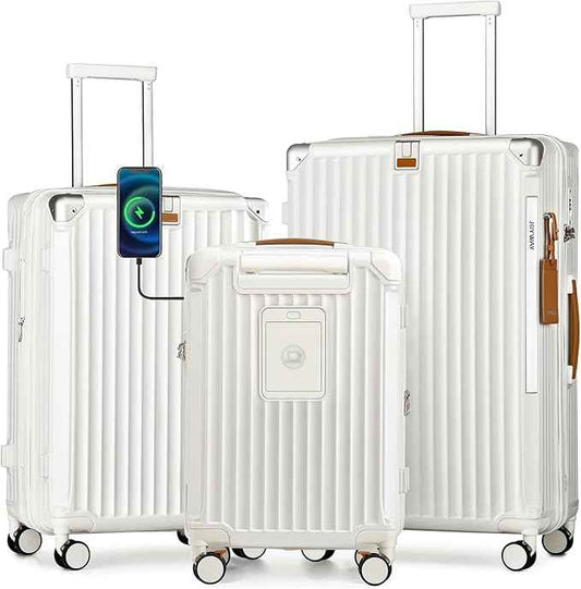 Joyway 3 Piece Set Hardside Expandable Luggage with USB Charging Port and Cup Holder, TSA Lock Spinner Wheels Suitcase for International Travel, Lightweight Carry On Checked Baggage, White