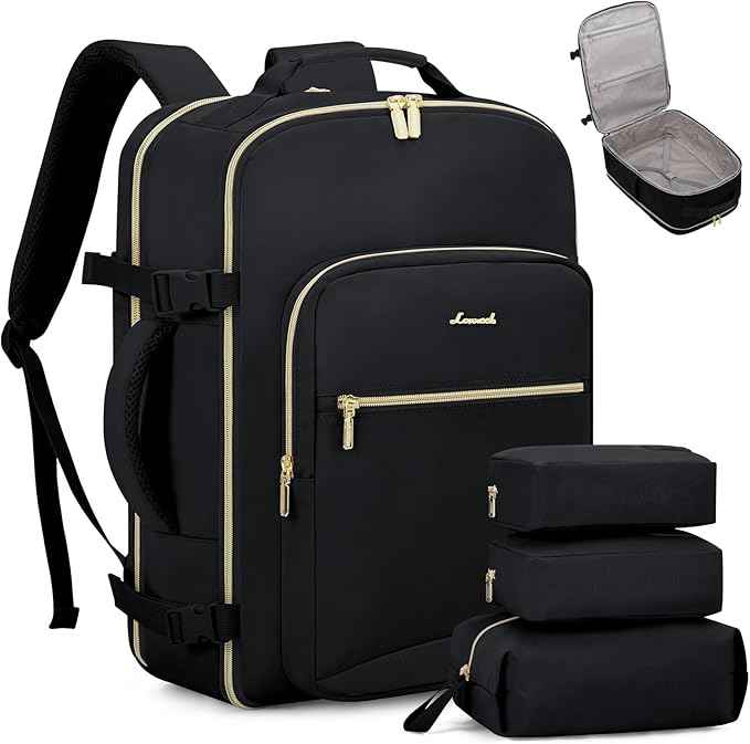 LOVEVOOK Travel Backpack for Women & Men 50L,Airline Approved Carry On Backpack Travel Essentials,TSA Carry on Luggage,Waterproof Personal Item Travel Bag,Suitcase with 3 Packing Cubes,Black-Black