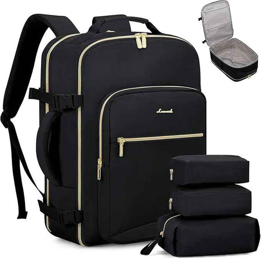 LOVEVOOK Travel Backpack for Women & Men 50L,Airline Approved Carry On Backpack Travel Essentials,TSA Carry on Luggage,Waterproof Personal Item Travel Bag,Suitcase with 3 Packing Cubes,Black-Black