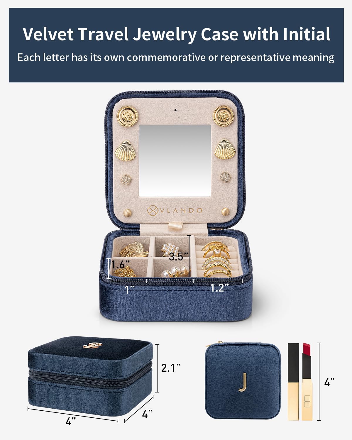 Vlando Birthday Gifts for Women Friendship, Personalized Initial Jewelry Box, Friendship Gifts for Women Friends, Travel Essentials Small Jewelry Box, Travel Box for Girls - Letter J, Dark Blue