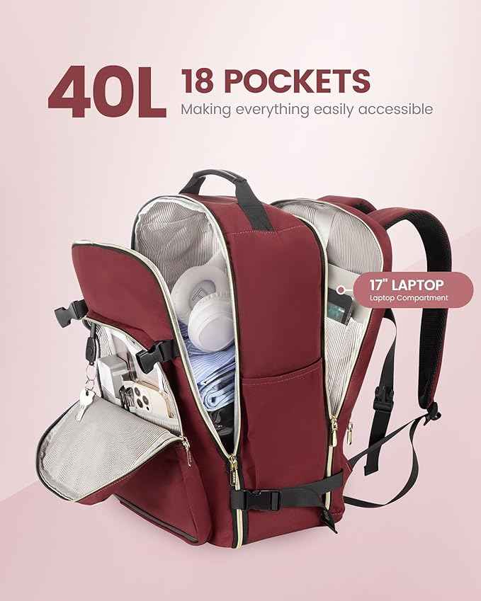 LOVEVOOK Travel Backpack for Women & Men 40L,Airline Approved Carry On Backpack Travel Essentials,TSA Carry on Luggage,Waterproof Personal Item Travel Bag,Suitcase with 3 Packing Cubes,Wine red-Black