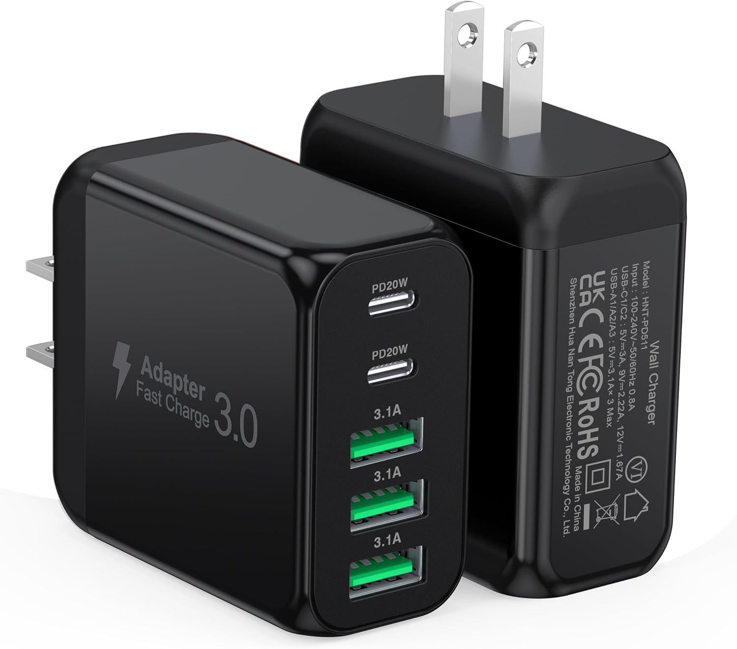 [2-Pack]50W USB C Wall Charger Block, 5-Port C Charger Fast Charging Block PD Power Adapter +QC 3.0 Multiport Type C Box Brick Cube USB A Wall Plug for iPhone 16/15/14/13 Pro Max,Samsung Galaxy(Black) - Roamly