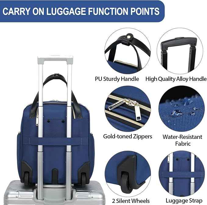 EMPSIGN Underseat Carry On Wheeled - 16" Carry on Bag with Wheels Multi-functional Lightweight Rolling Bag Overnight Weekender Small Suitcase for Women Men Travel Business, Haze Blue-Gold Zipper