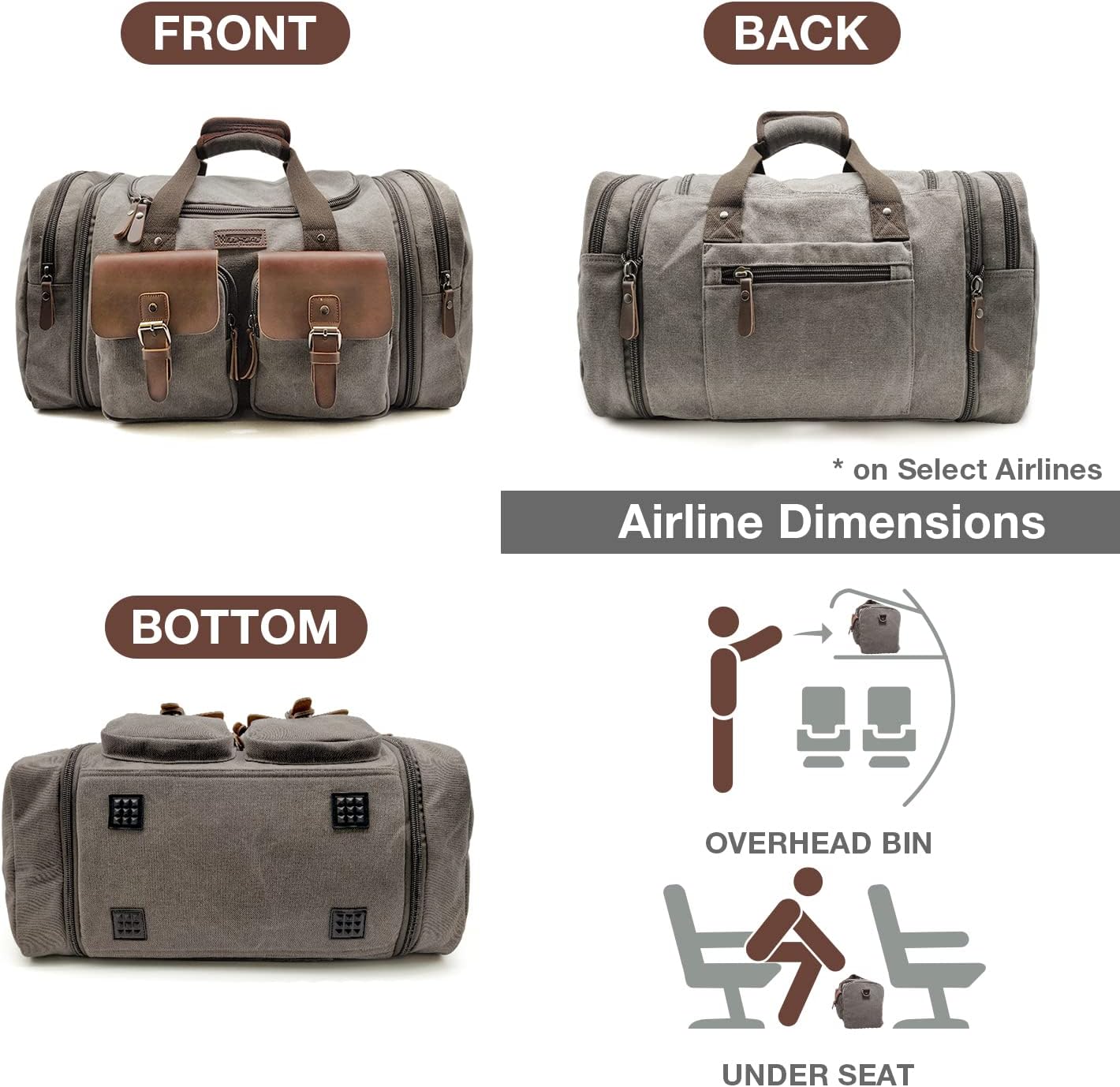 Wildroad 50L Travel Duffel Bag, Expandable Canvas Genuine Leather Duffle Bag Upgraded Overnight Weekender Carry on Bag - Roamly