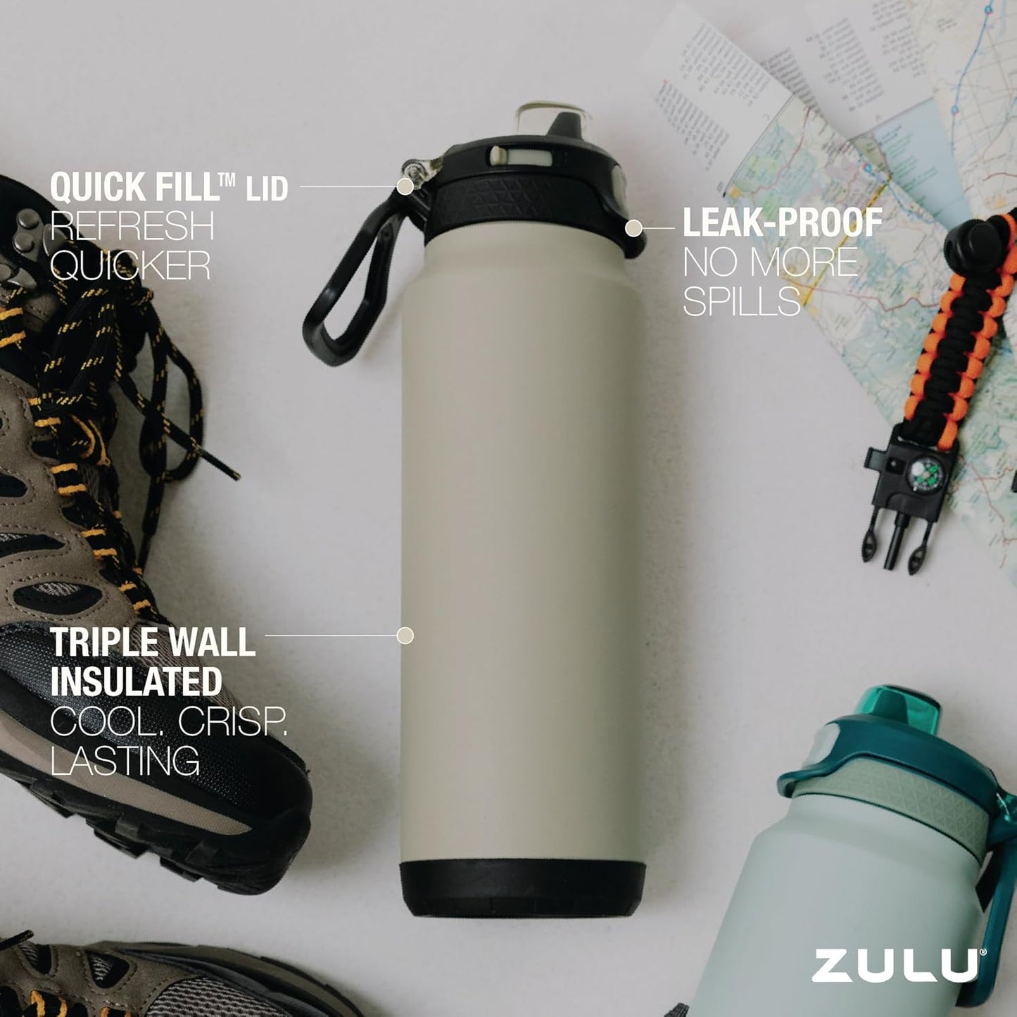ZULU Powerfill Pro 24oz Stainless Steel Water Bottle with Quick Fill Lid, Triple Walled Vacuum Insulated Metal, Leak Proof Locking Lid, Sip and Chug, Reusable BPA Free, Ash - Roamly