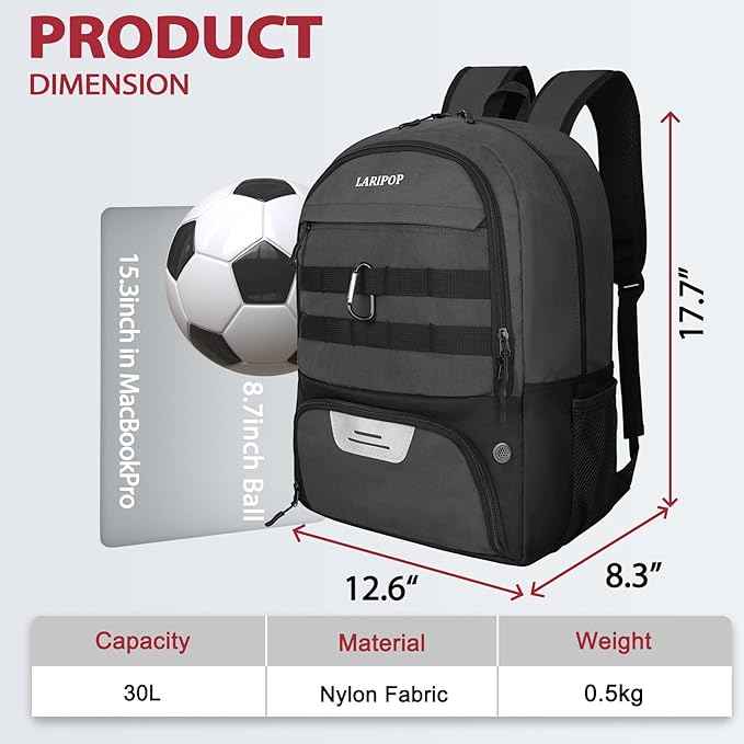 LARIPOP Soccer Backpack Soccer Bag with Ball Holder & Shoe Compartment Youth Sports Equipment Training Bag