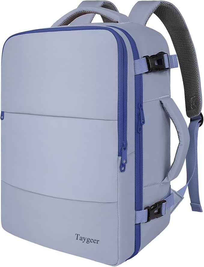 Taygeer Large Travel Backpack for Men Women, 35L Carry On Backpack Airline Approved, Personal Item Travel Bag with Water Bottle Pocket & Shoe Compartment, Laptop Backpack for Gym Hiking, Gray Blue