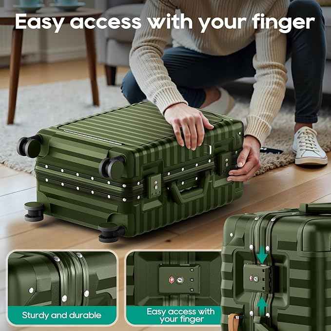Joyway 20 Inch Carry on Luggage with Aluminium Frame and Front Pocket, PC Hardshell Suitcase with USB Port and Cup Holder, 21.5x14.2x9 Airline Approved Luggage with Spinner Wheel, TSA Lock(Dark Green)