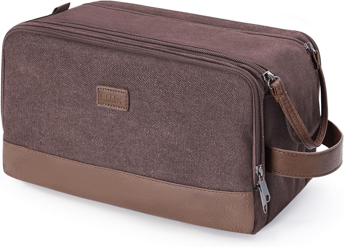 WANDF Toiletry Bag for Men Travel Toiletry Organizer Canvas and Leather Dopp Kit Water-Resistant Shaving Bag for Travel Accessories (Brown, Large) - Roamly