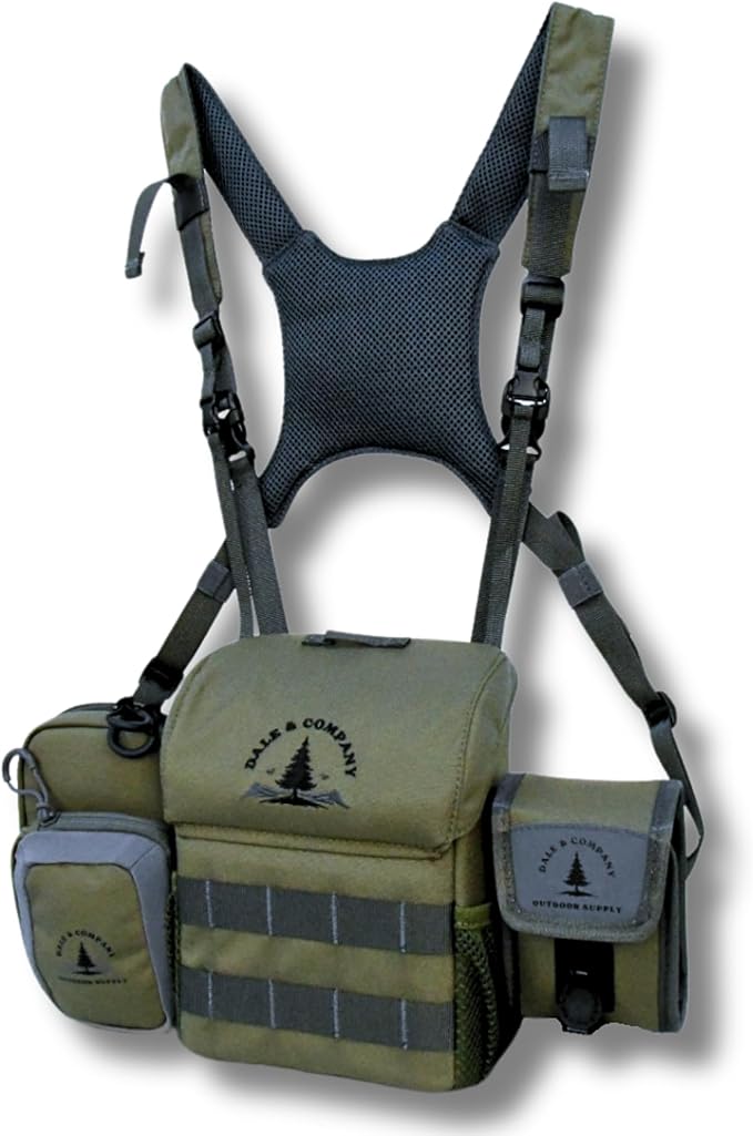 Dale & Company Binocular Harness for Hunting – Bino Harness System with Rangefinder Pouch & Phone Holder – Magnetic Cordura Chest Pack – Fits 10x42–12x50 – Recon Pro Backcountry Hunting Gear