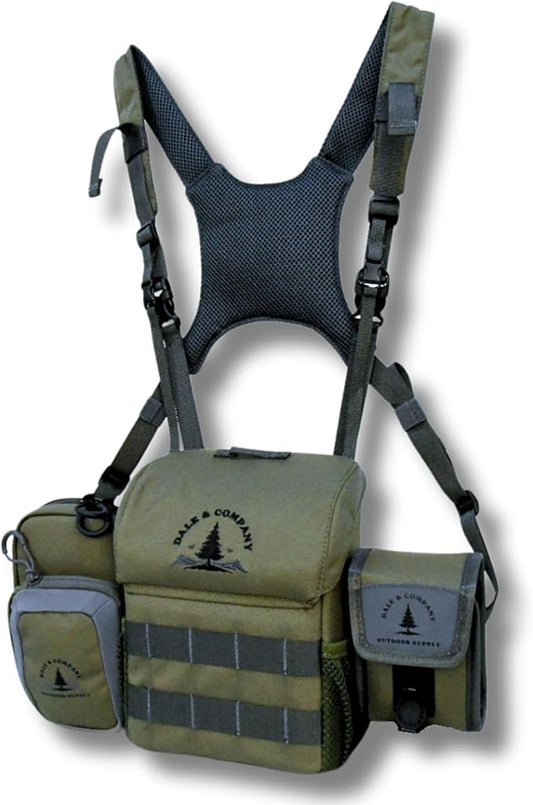 Dale & Company Binocular Harness for Hunting – Bino Harness System with Rangefinder Pouch & Phone Holder – Magnetic Cordura Chest Pack – Fits 10x42–12x50 – Recon Pro Backcountry Hunting Gear