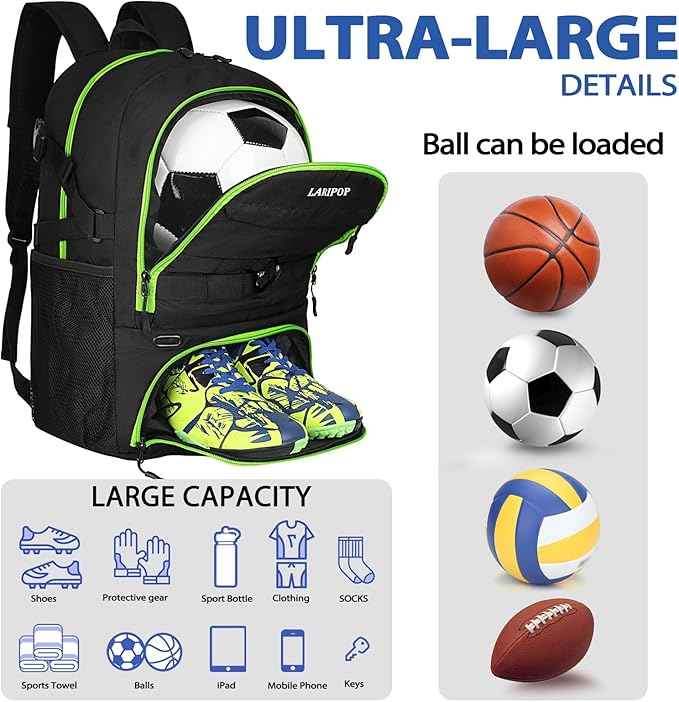 LARIPOP Soccer Backpack Soccer Bag with Ball Holder & Shoe Compartment Youth Sports Equipment Training Bag