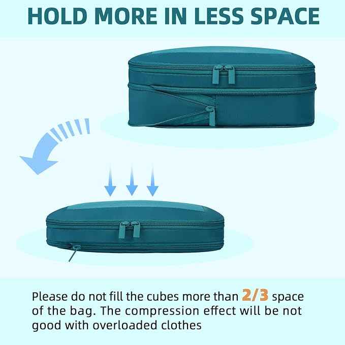 BAGAIL 4 Set/6 Set/8 Set Compression Packing Cubes Travel Accessories Expandable Packing Organizers (Square Mesh, 06-Teal)