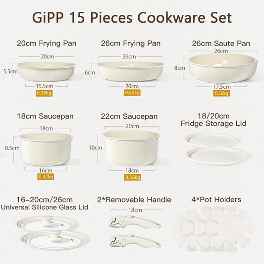 GiPP Ceramic Pots and Pans Set Non Stick, Nonstick Detachable Handle Cookware Sets, Healthy Non Toxic PFAS PFOA & PTFE Free, Dishwasher ＆Oven Safe, Induction Kitchen Pot and Pan, 15 Piece Cream