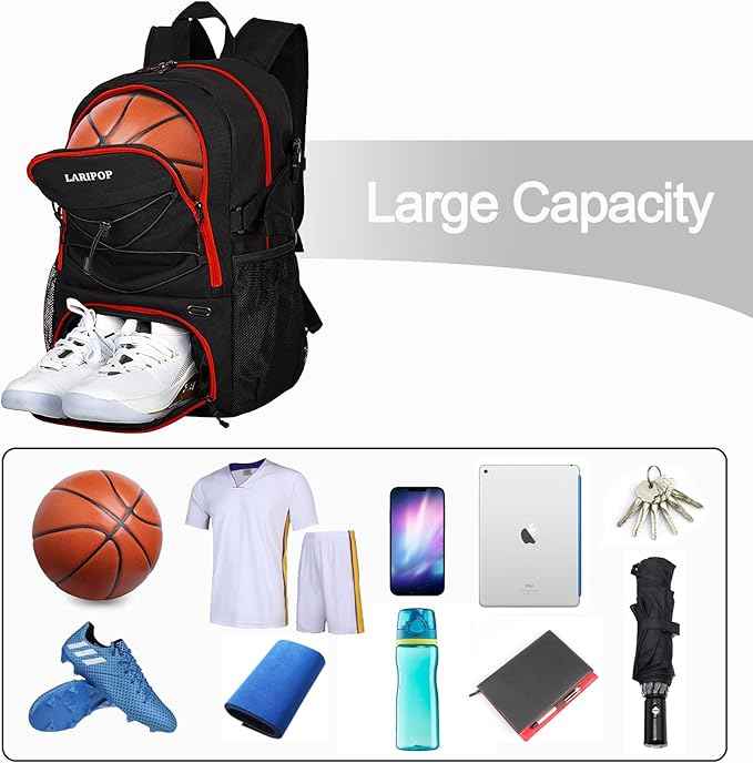 LARIPOP Basketball Bag, Sports Backpack with Ball Holder & Shoe Compartment, Water Resistant Gym Bag for Soccer Volleyball Travel