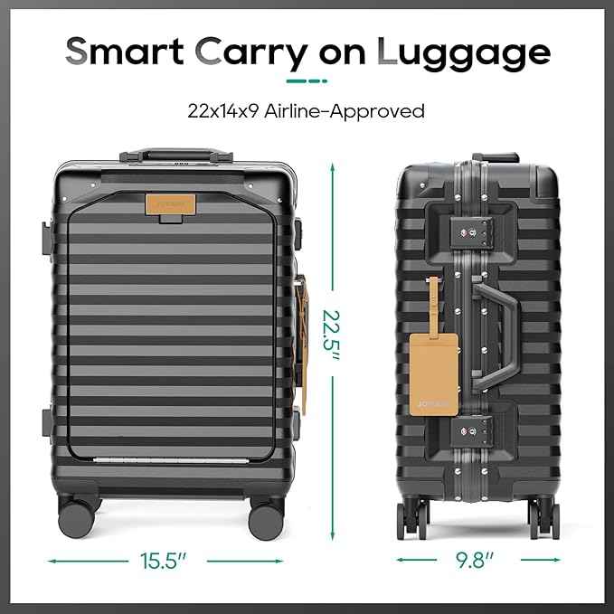 Joyway 20 Inch Carry on Luggage with Aluminium Frame and Front Pocket, PC Hardshell Suitcase with USB Port and Cup Holder, 21.5x14.2x9 Airline Approved, Luggage with Spinner Wheels and TSA Lock (Grey)