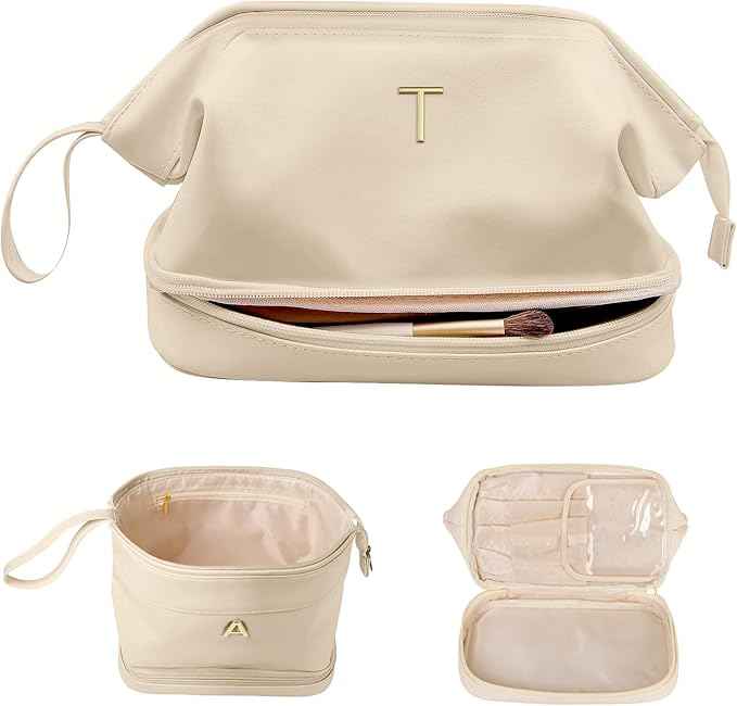 Birthday Gifts for Girls, Initial Large Makeup Bag, Personalized Double Layer Cosmetic Bag with Makeup Brush Organizer, Large Capacity PU Leather Travel Toiletry Bag Travel Stuff for Girls