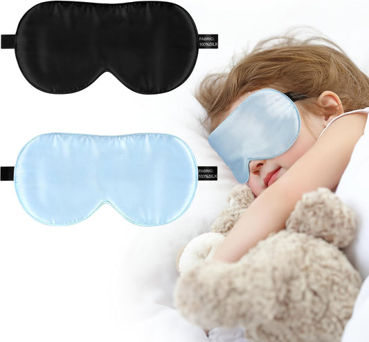 Silk Sleep Eye Mask for Kids, 100% Real Natural Pure Silk Sleeping Masks, Blindfold Sleep Eye Cover with Adjustable Strap, Soft & Lightweight Night Eyeshade for Boys Girls Teens (2 Pack)